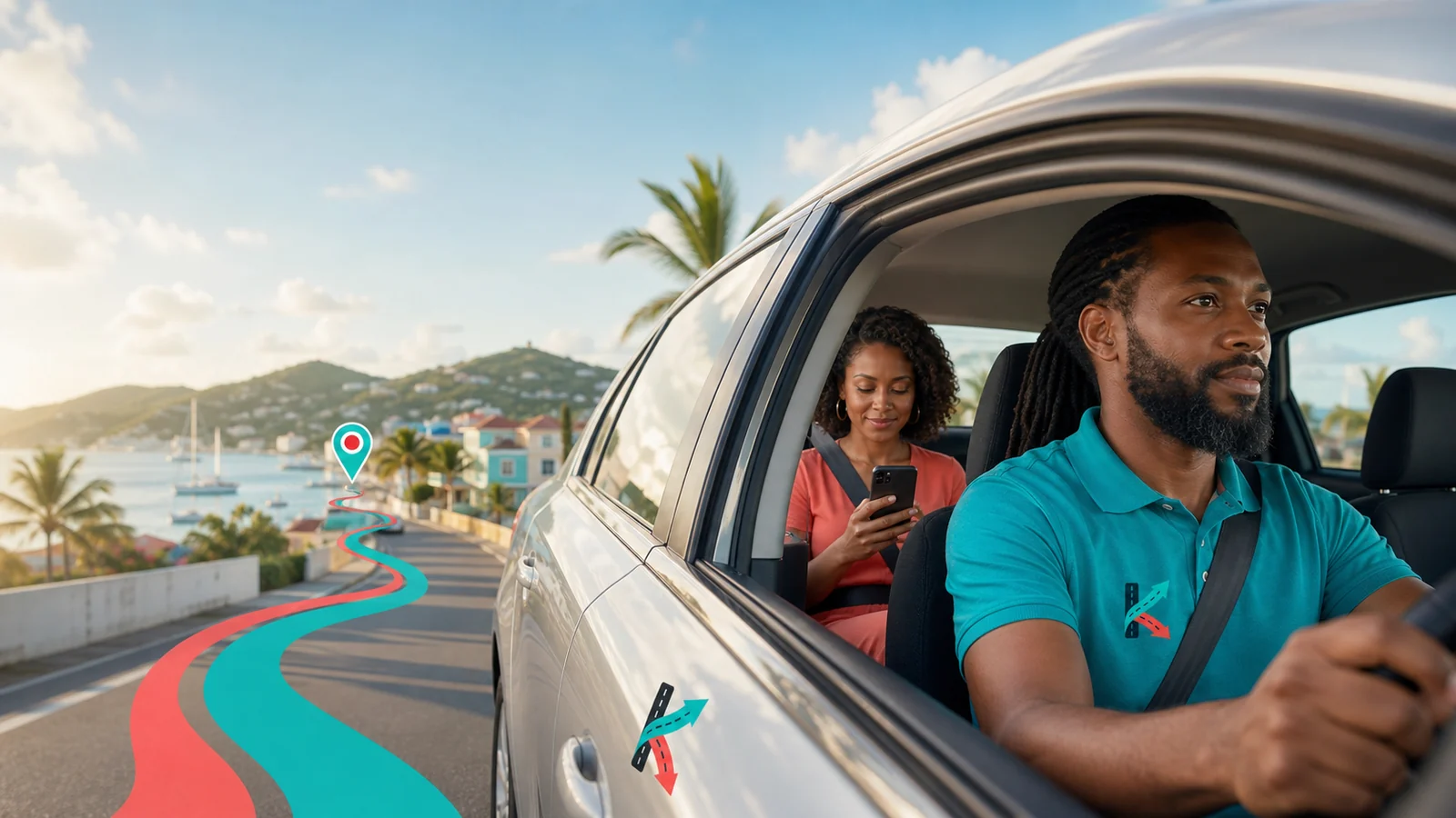 Caribbean KiloDrive driver focuses on the road while a rider follows a live trip route.