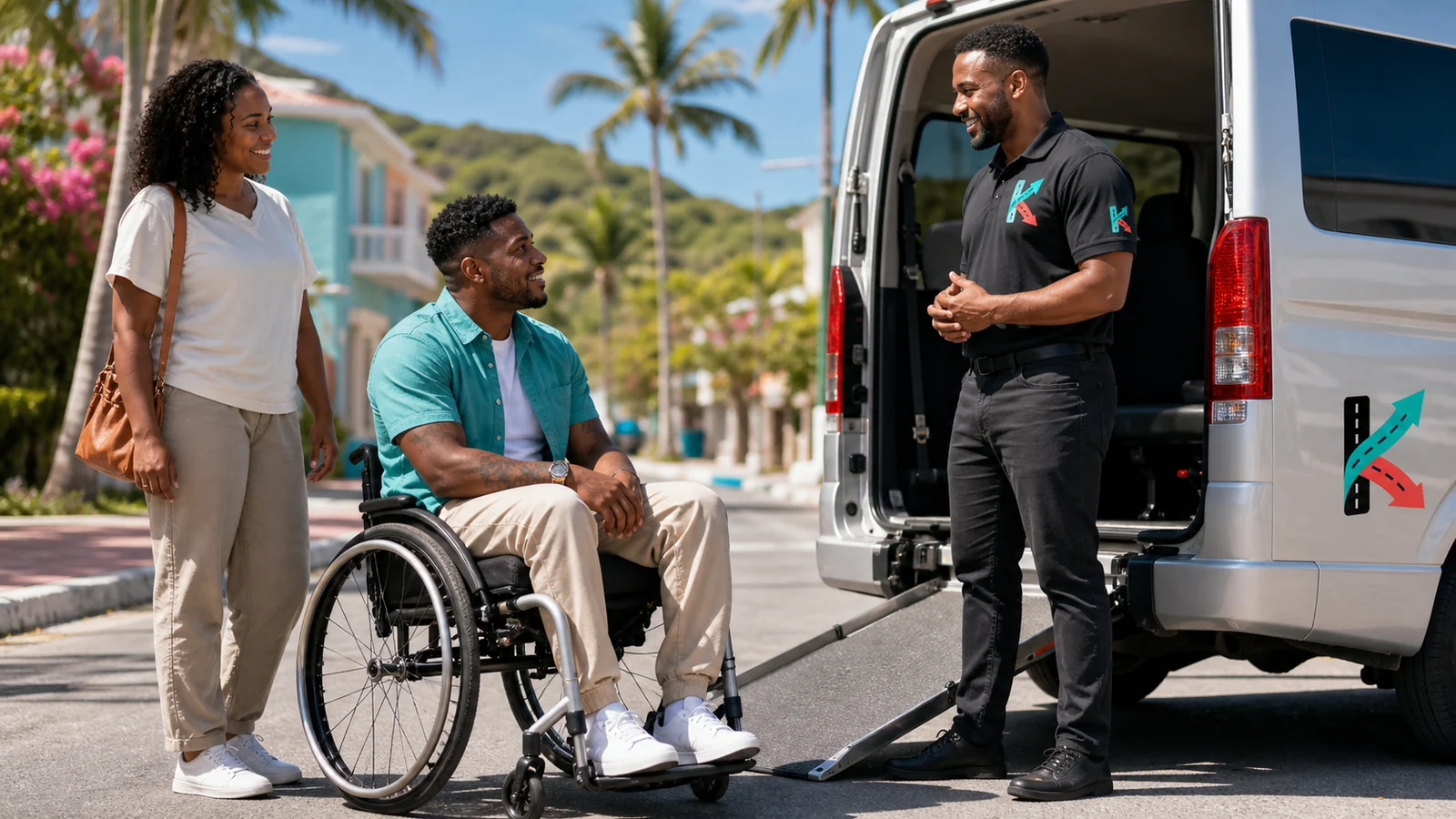Caribbean wheelchair user and companion speak with a KiloDrive driver beside an accessible vehicle.