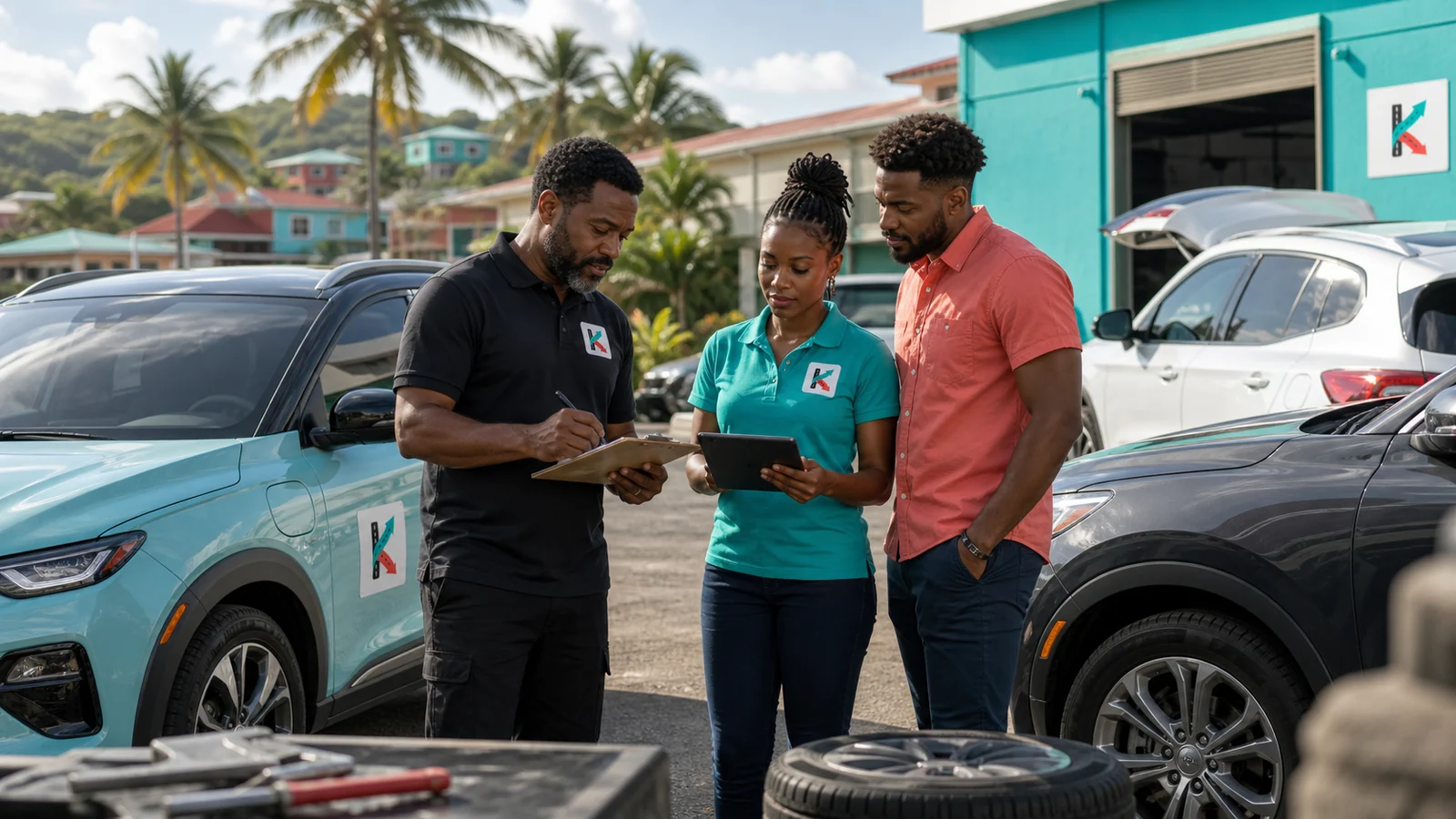 Caribbean fleet professionals compare several modern rental vehicles in a bright island setting.