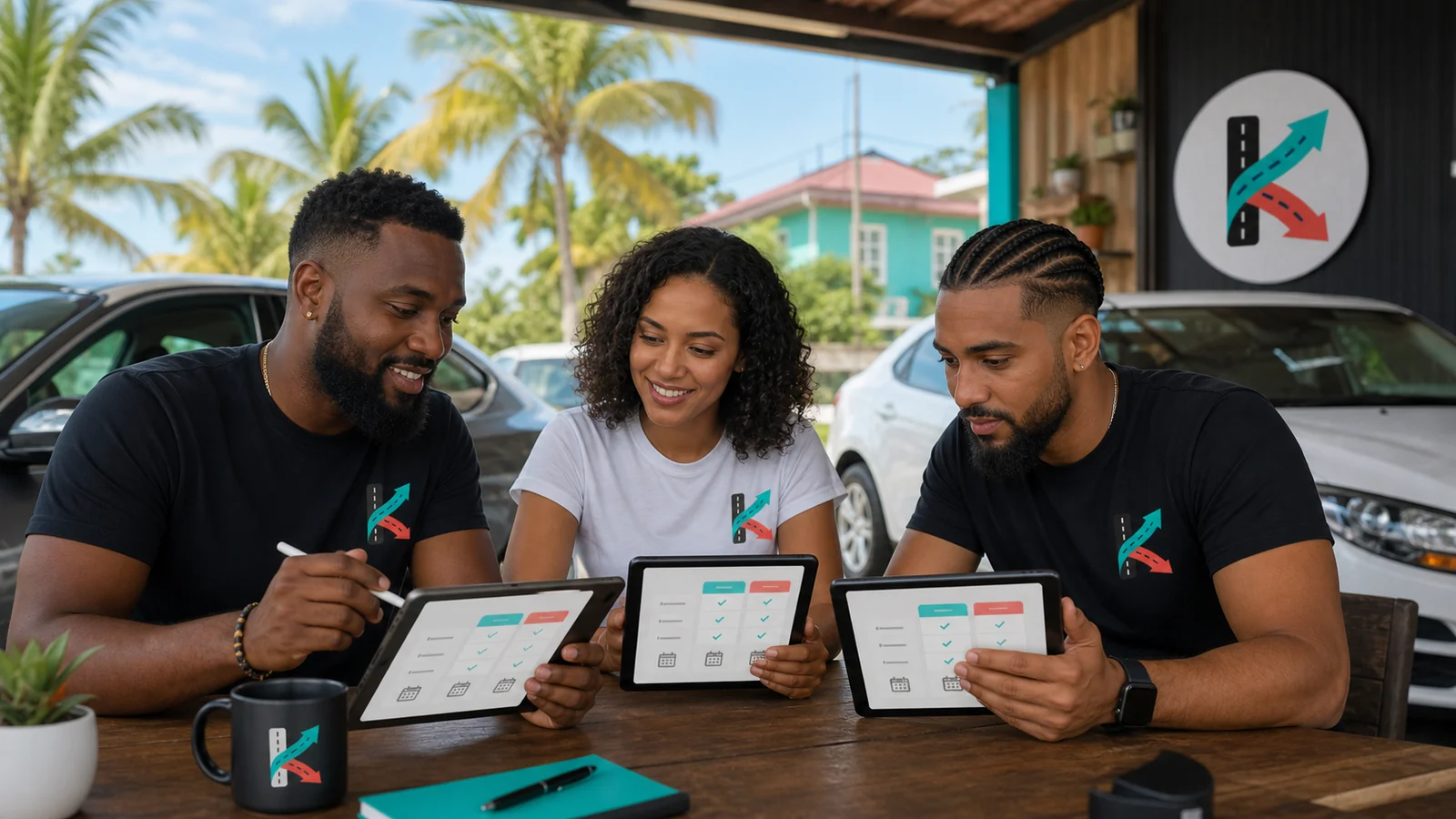 Caribbean KiloDrive drivers compare membership tools and terms on tablets.