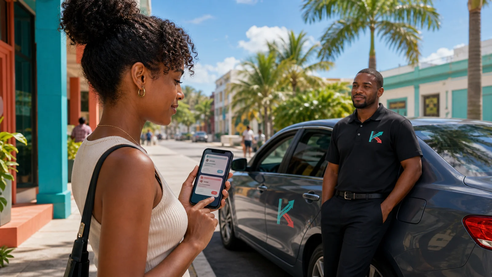 Caribbean rider and KiloDrive driver review a ride offer on their phones beside a parked car.