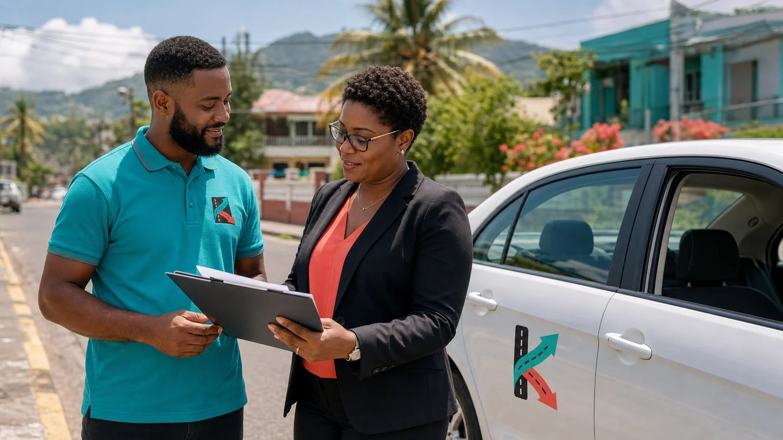 Caribbean KiloDrive driver and transport-policy professional beside a branded car in a sunny island streetscape.