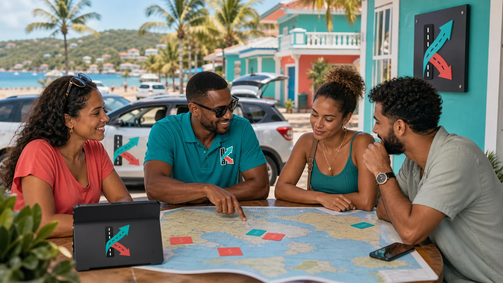Caribbean travel planners review a regional map and KiloDrive availability information together.
