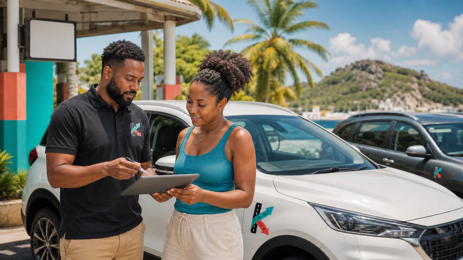 Caribbean renter and rental provider inspect a KiloDrive vehicle together before handover.