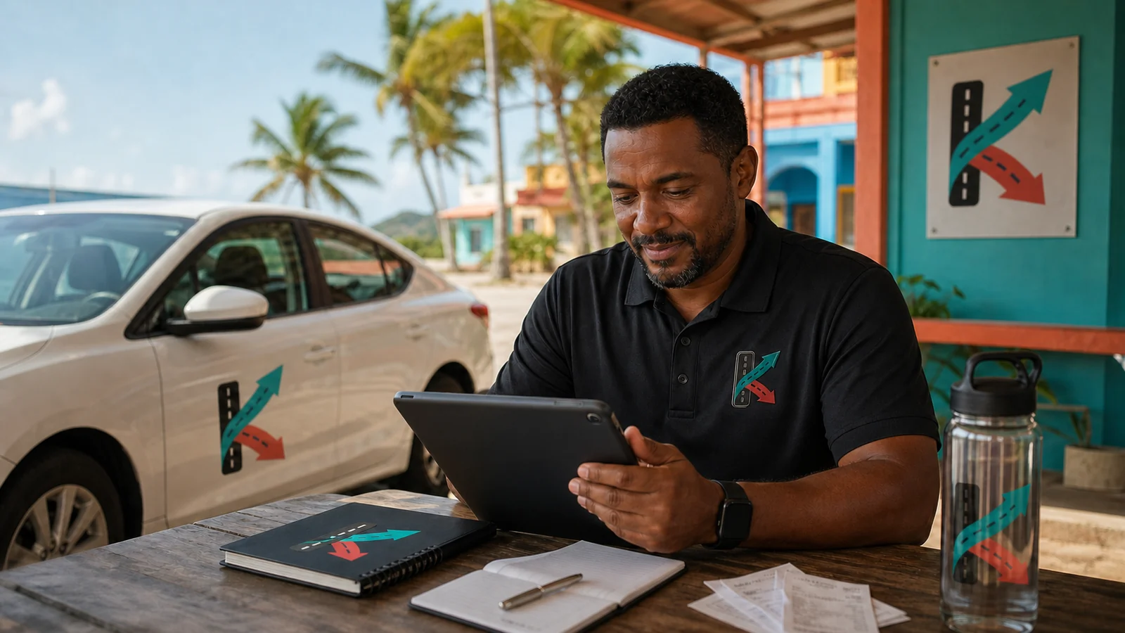 Caribbean KiloDrive driver reviews mileage, expenses and work planning on a tablet while safely parked.