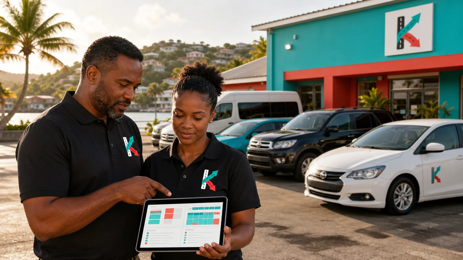 Caribbean KiloDrive rental team manages an organized mixed vehicle fleet.