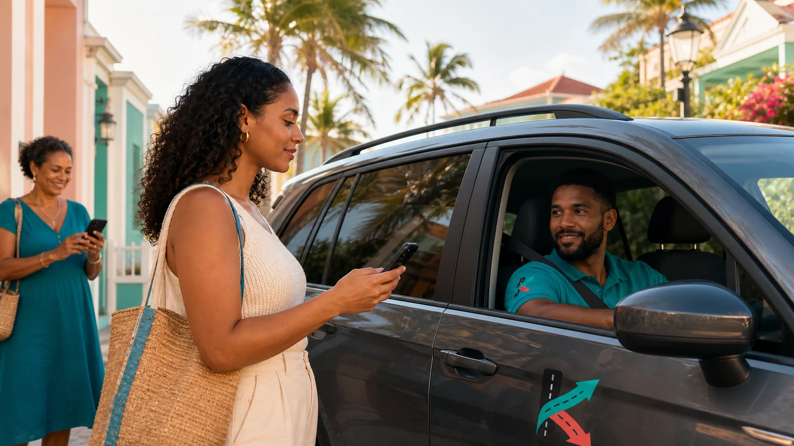 Caribbean rider checks a KiloDrive driver and vehicle before a daytime pickup.