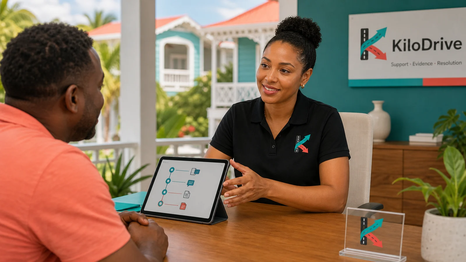 Caribbean customer discusses a structured support case with a KiloDrive specialist.