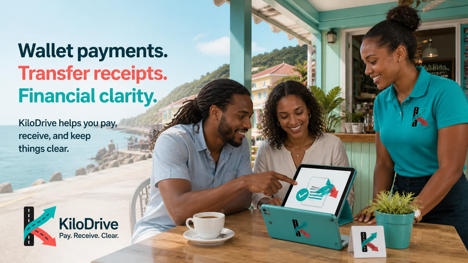 Caribbean customers review a KiloDrive wallet payment and digital receipt with a support professional.